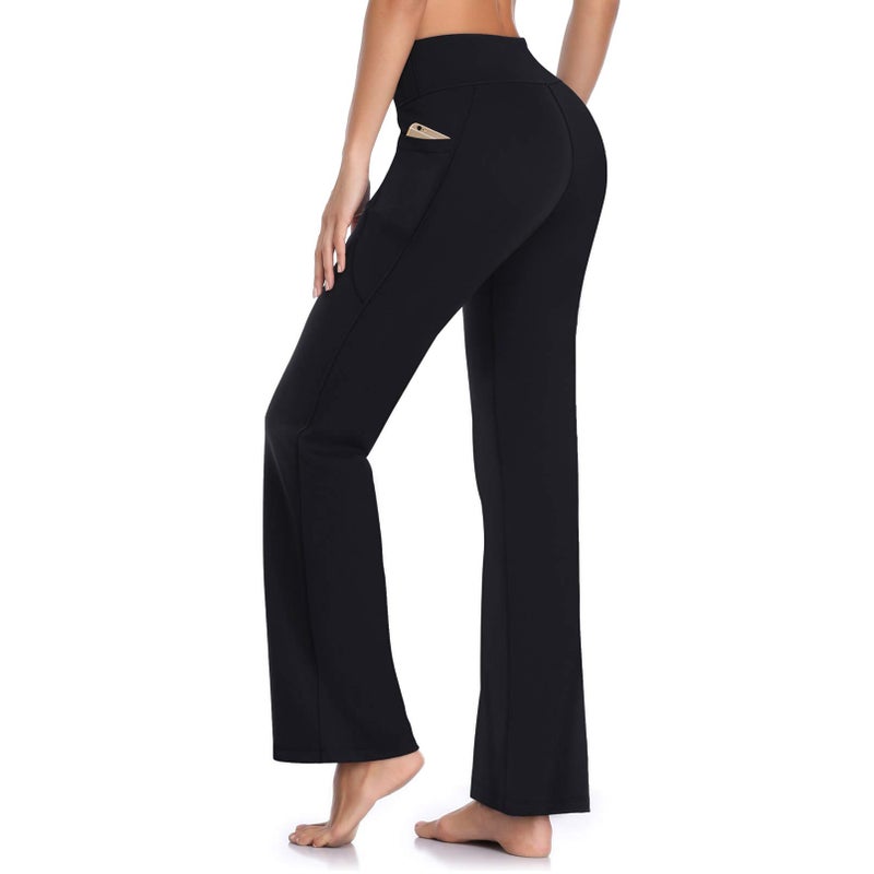 HISKYWIN Side Pockets Yoga Pants 4 Way Stretch Tummy Control Workout Running Pants, Long Bootleg Flare Pants HF201-Black-S - Image 1